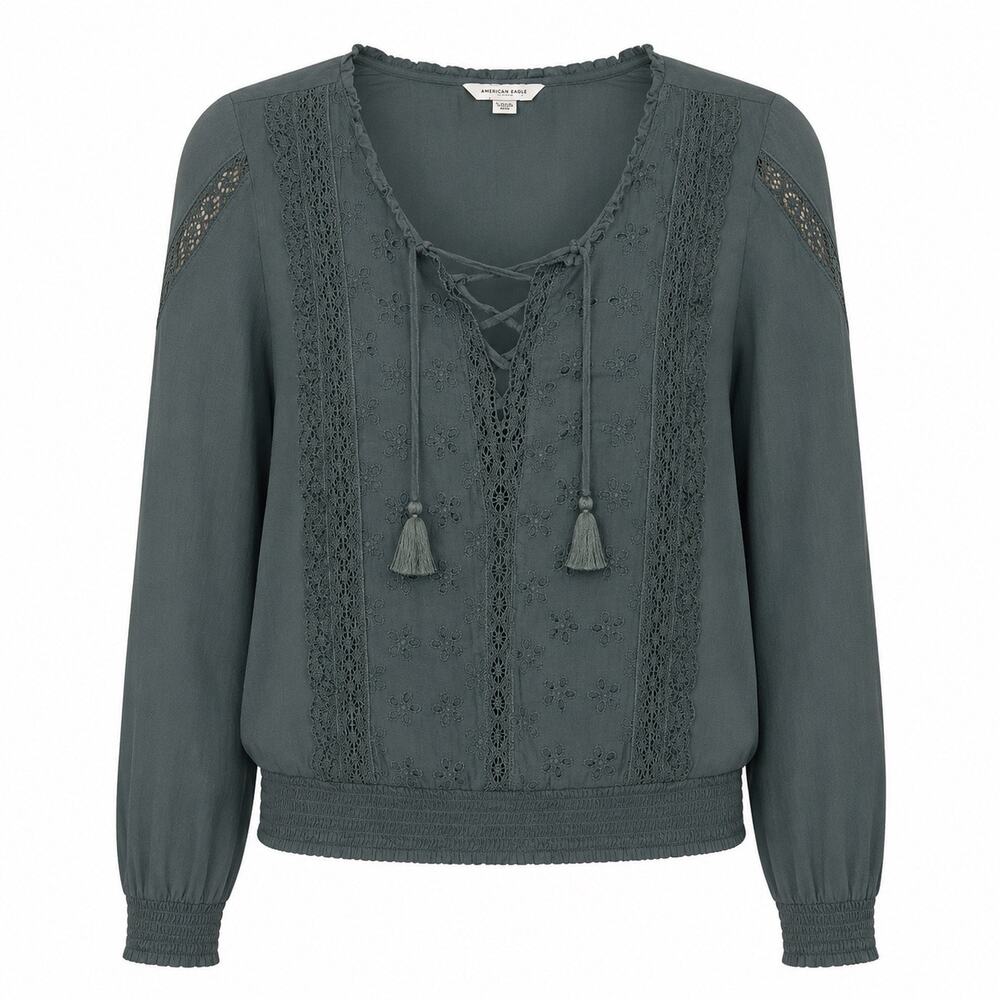 American Eagle Cotton Boho puff sleeve lace up neck top. Olive green. Women XL